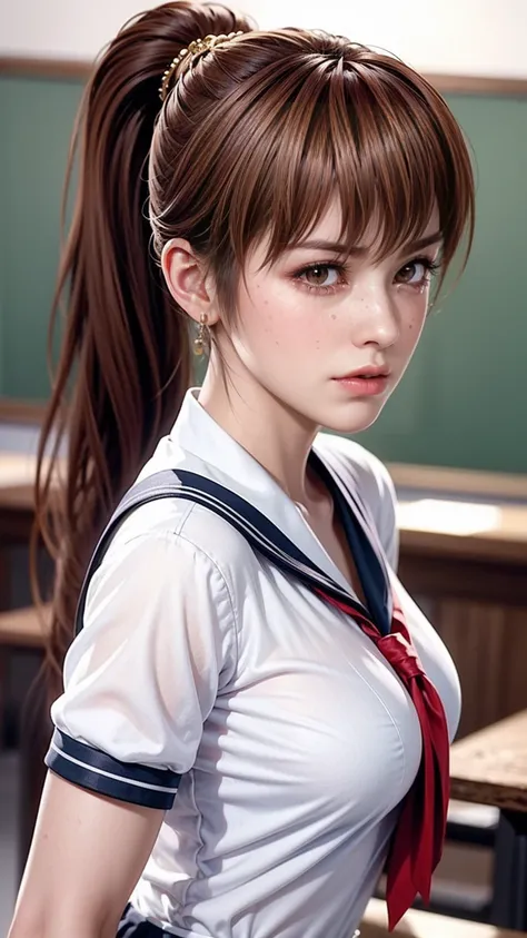 close up face, one girl is in the classroom, (standing:1.0), Fluffy Eyes: 1.21, sharp face:1.1, sharp eyes:1.1, detailed eyes:1.1, detailed lips:1.1, detailed eyebrows:1.1, detail eyelashes:1.1, ponytail, (Waist slender:1.1), (sailor suit:1.1), (wet shirt:...