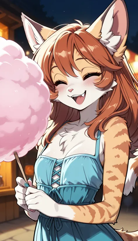 1 Beautiful Girl , cute fur , Furry, Cat face, Cat girl, gnaw cotton candy like a cloud, (Alluring, smile, Very satisfied, open your mouth, tooth, Cat's paw, nail), anime style, ( small tits), petite body, very cute, (bust shot, raise your hands and...
