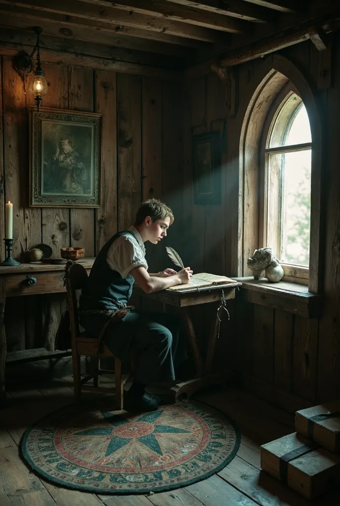 A young man, around 20 years old with green eye and brown hair is inside a medieval style room at night. The room is very simplistic. Old wooden floor and walls. A old style wooden window from where silver moonlight was coming in is coming in. In the floor...