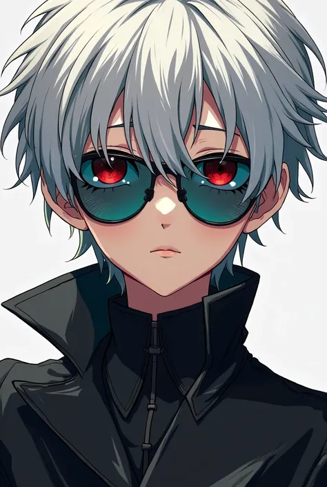 admiral, white hair, black hair,  red eyes, tea-colored sunglasses, Young boy, anime,  black uniform 