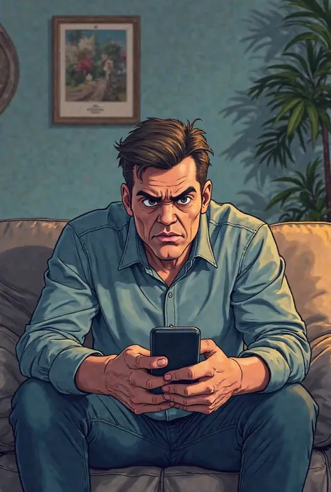 Picture me like this in which a man looks at the mobile on the sofa in the living room and is annoyed in Cartoon Steel