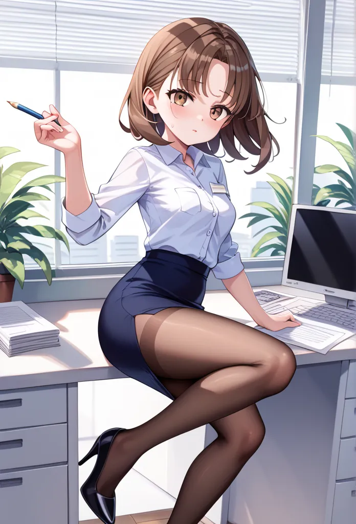 (masterpiece, best quality, ultra-detailed), (anime style, soft shading, expressive face),  
(a young female office worker, new employee, slightly clumsy and flustered expression),  
(shoulder-length brown hair, slightly messy, cute bangs, a few loose stra...