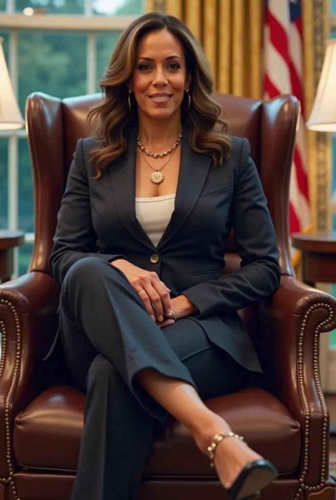 Kamala Harris sitting down in oval chair with bottom of feet pointing towards me 