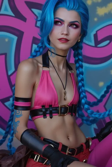 Hyper realistic super detailed Jinx cosplay , Very detailed, (hyper realistic: 1.4), in dynamic pose, angry face, twin braids, long hair, blue hair, red eyes, blue tattoo on right arm, wearing a Jinx costume, arcane style. ((Cinematic neon grafitti backgro...