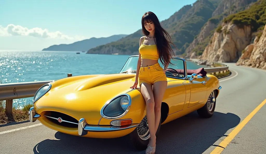 Self-confident woman,  long black hair,  flat chest, anorexic,  she leans on a classic sports car,  parked along the picturesque coastal road .  She wears a bright yellow top and high-waisted shorts , , her casual pose , but bright .  The background is a s...