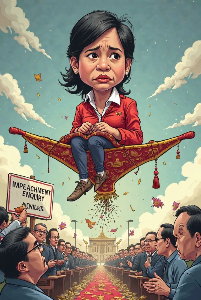 A simple caricature idea for VP Sara Duterte's impeachment:

Visual Concept:

VP Sara Duterte sitting on a "Magic Carpet" labeled "Confidential Funds", looking worried as it starts to unravel mid-air.

Below, lawmakers (with banners like "Accountability" a...