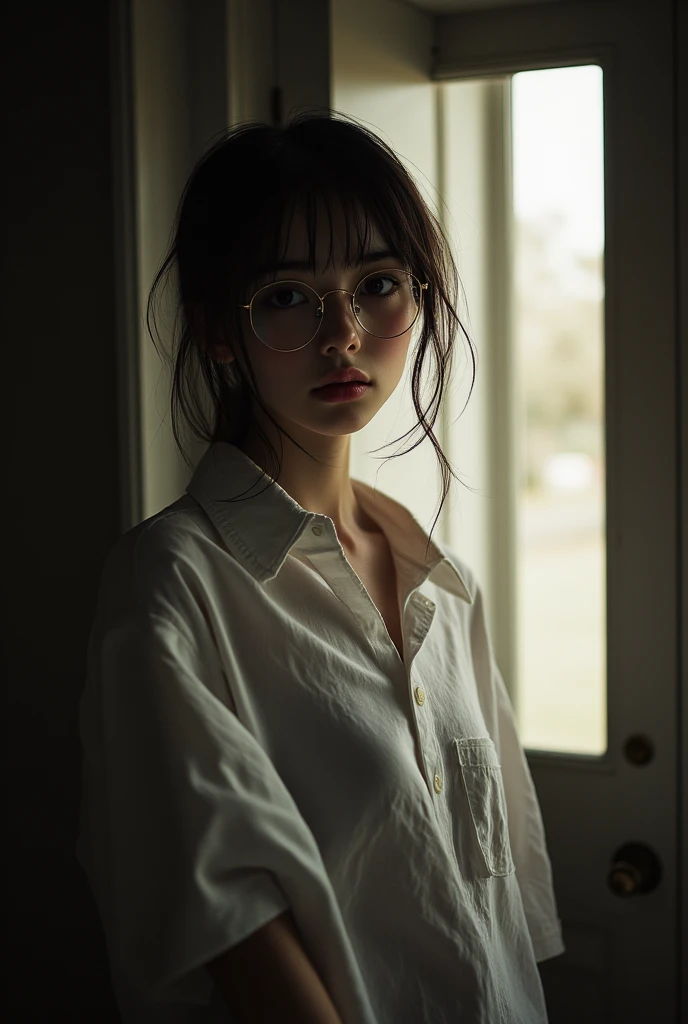 ((TOP QUALITY)), ((傑TOP QUALITY、masterpiece、High sensitivity、high definition、 detailed depiction of up to the front door、 delicate face depiction ))Slender Woman、glasses、Oversized shirt、 backlit、 body line、