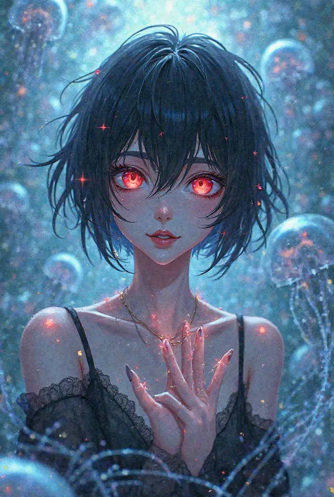 Woman with very short black hair touching a jellyfish with her fingertips
anime style
Lots of jellyfish
Make your eyes red