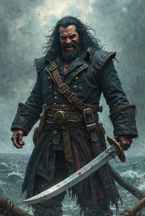 Pirate , large, black hair, yellow teeth ,  black clothing, laughing, black eyes with sword in hand