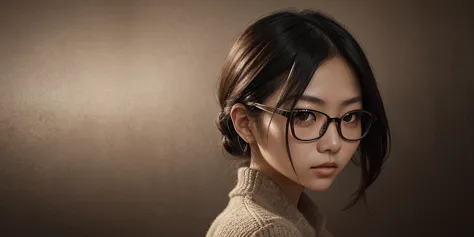 Create a dynamic composition that fuses retro album cover inspiration with modern cool. On a textured, aged sepia background, a 20-something Japanese woman wearing glasses is showcased with a fierce yet sophisticated expression, accented by subtle musical ...