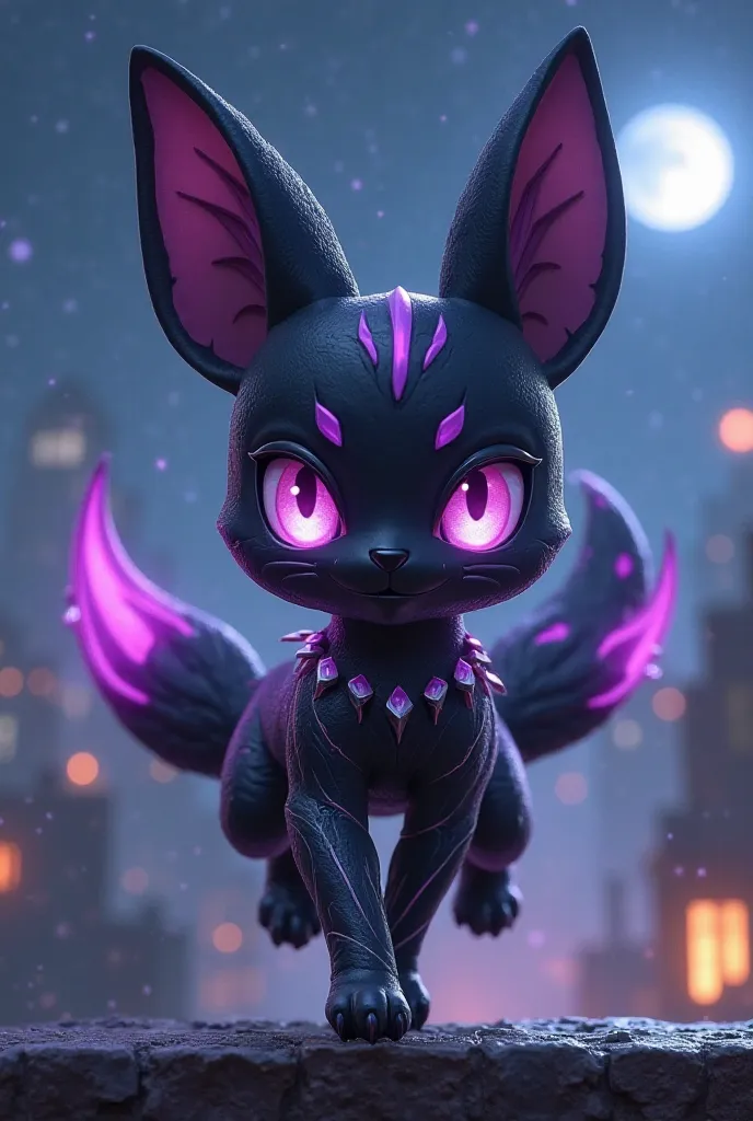 "A sleek and agile fusion of Black Panther from Marvel and Eevee from Pokémon. This hybrid creature has Eevee’s small, fox-like body covered in a smooth, jet-black coat with subtle purple vibranium lines glowing along its fur. Its eyes shine with a fierce ...