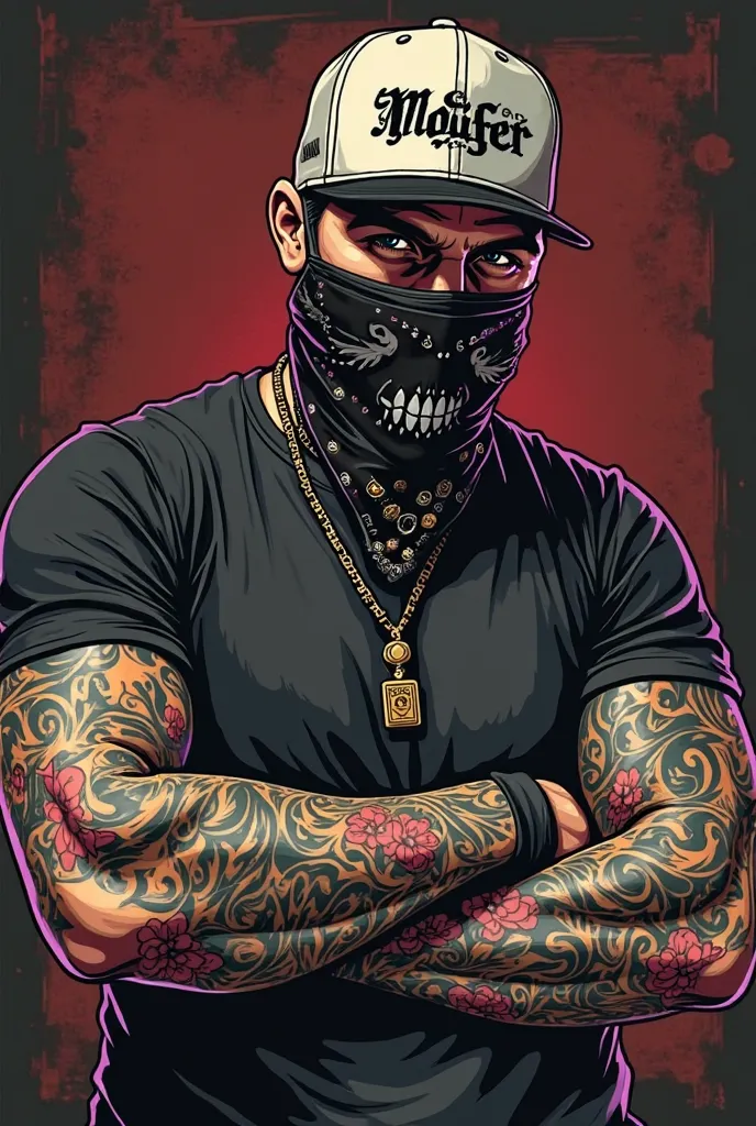 I want to create a logo , tattooed man wearing a cap , tattoo lettering on the cap , in a T-shirt , bandana wearing a gangster mask  , and mother Hooligan's caption , in GTA style ,  high quality erotic masterpiece 