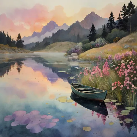 A dreamy fusion of watercolor and oil paints capturing a tranquil lakeside scene at twilight. The calm water mirrors the soft pastel colors of the fading sky—pinks, purples, and soft blues blending seamlessly into one another. Along the shore, tall grasses...