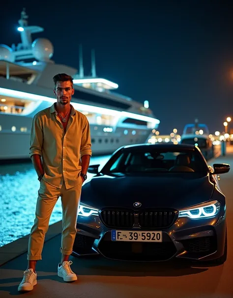 Masterpiece, photo 1. Location and Background: - The photo was taken at night, likely at a marina or luxury dock. - In the background is a large yacht, brightly lit with modern, sleek lighting, creating a striking contrast to the night sky. - The yacht's l...