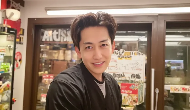 handsome Japanese man, standing, wearing T-shirt, holding an apple box, in a convenience store, high resolution, realistic image, cinematic