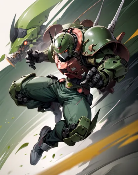 Zaku、Zaku， stylish man wearing armor、 dynamic pose 、green， jump