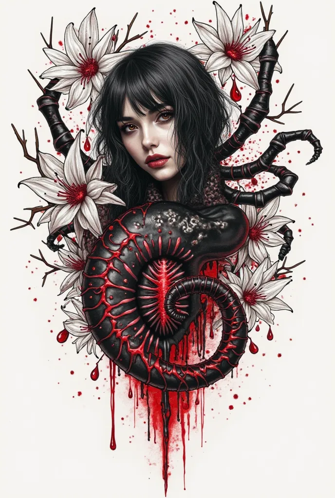 “A tattoo sketch in the dark, gothic style . In the center is the stigma of a victim from the anime 'Berserk', made in contrasting black and red tones. Around him is a scolopendra, curled up and eating its tail, symbolizing an endless cycle of. Everything ...