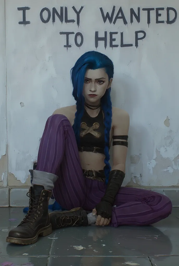 A photograph of Kat cosplaying as Jinx sitting against a wall. She is tired and got sad face, her long blue braided hair lies on ground, she's wearing army boots, fingerless gloves, dark purple striped pants, and black crop top with white X mark on it. The...