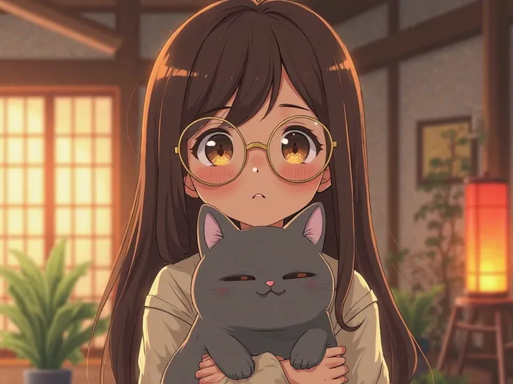  Anime style. beautiful girl in round glasses with gold rim.  brown eyes. brown long hair with a parting in the middle. holds a gray big cat with small ears.  warm lighting . Japanese room with lanterns and houseplants in the background. 