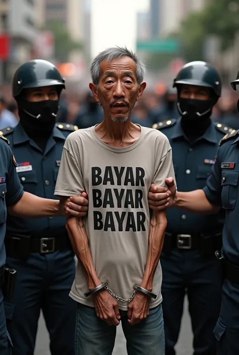 (Photorealistic),(Masterpiece),(ultra-detailed), ((render 3d)), A thin old man with slightly disheveled and unkempt short hair wears a T-shirt that reads “BAYAR BAYAR BAYAR” with his hands cuffed. To the right and left are masked policemen holding the thin...