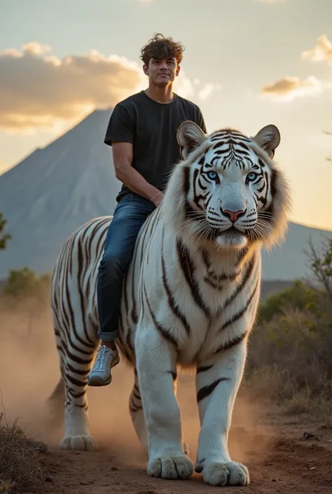  a 20 year old man wearing a rival4610 black t-shirt and black jeans,  riding a giant white tiger 4D , and is looking straight at the camera .  the 4D giant white tiger is scary and much larger than her normal,  with a lot of white hair on the person , and...