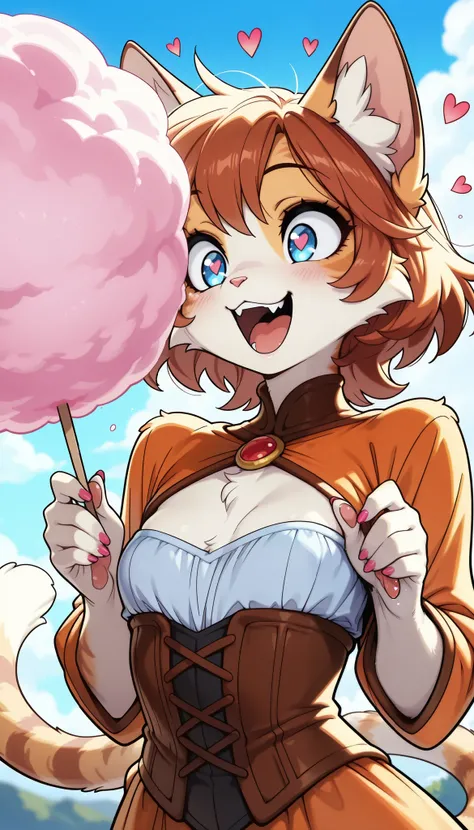1 Beautiful Girl , cute fur , Furry, Cat face, Cat girl, gnaw cotton candy like a cloud, (Alluring, smile, surprise, open your mouth, tooth, Cat's paw, nail), anime style, ( small tits), petite body, very cute, (bust shot, With hearts in their eyes,...