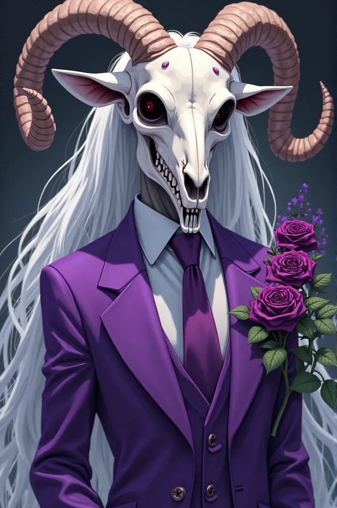 goat skull in a purple suit with a purple rose with a medium breast, lonh white hair size anime art style eith them sating wqnt to be a villain 