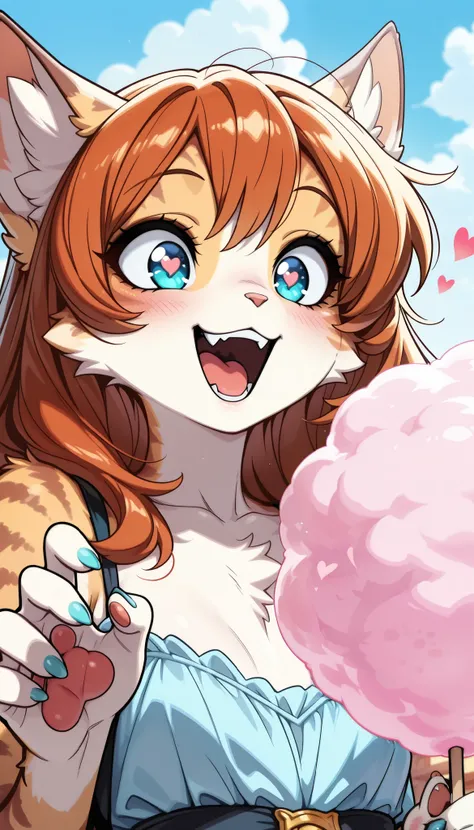 1 Beautiful Girl , cute fur , Furry, Cat face, Cat girl, gnaw cotton candy like a cloud, (Alluring, smile, surprise, open your mouth, tooth, Cat's paw, nail), anime style, ( small tits), petite body, very cute, (bust shot, With hearts in their eyes,...