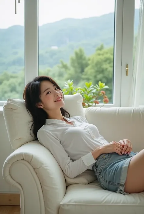 Realistic photo,whole body,BEAUTIFUL KOREAN WOMEN,wear a sexy big office shirt,long black hair,perfect skinny body,perfect firm breasts , lying on your back in a sexy seductive position, smiling sweetly on the white sofa,with white window background and gr...