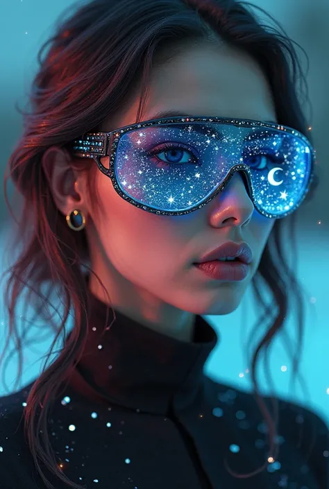  Model is wearing glass sunglasses with stars and the moon on the glass.