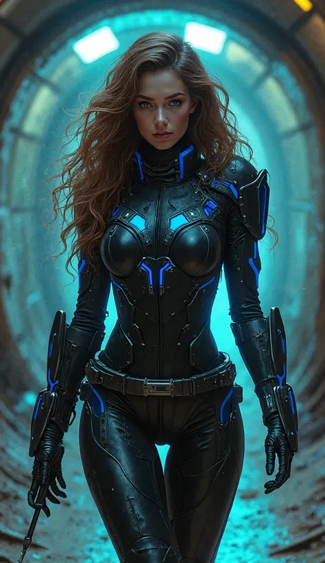 Create a highly detailed illustration of a white woman with long, flowing curly brown hair and striking blue eyes. She has pale, fair skin and an hourglass silhouette, wearing a sleek, full-body armor suit made of advanced materials that provide both prote...