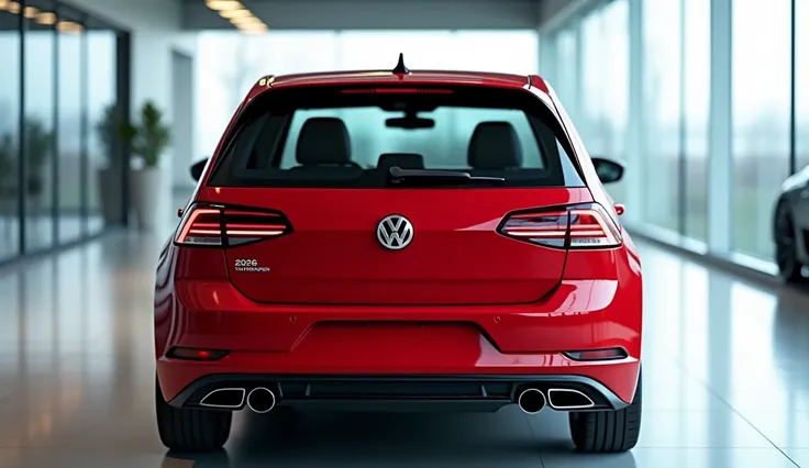 Create a high-quality image of a 2026 Volkswagen Golf 9 in red, captured from the back view inside a modern showroom. The car should feature sleek LED taillights connected by a thin light strip, a sculpted rear bumper, and a subtle roof spoiler, giving it ...