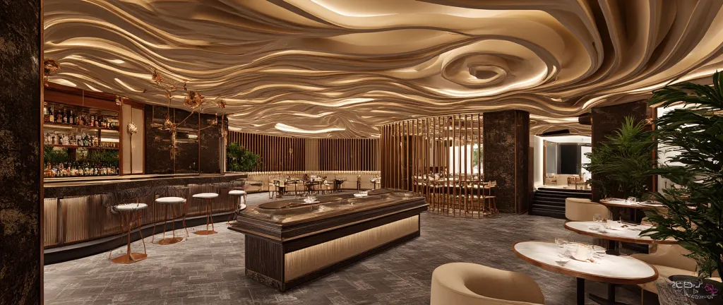 A luxurious, modern restaurant or bar interior.  Hyperrealistic rendering.  Deep, warm brown and beige tones dominate the space, with accents of dark gray/black granite.  A curved, dramatic ceiling design with flowing, light beige/off-white panels creates ...