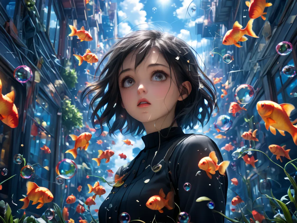 (woman\(*******, *********, ＪＫ,  short silver hair floating , Space-colored eyes , Black school uniform,  pale skin on a street car,  A tired face with no shine in the eyes \)  looking up at the sky), (Many goldfish are swimming in the air), Beautiful sky,...