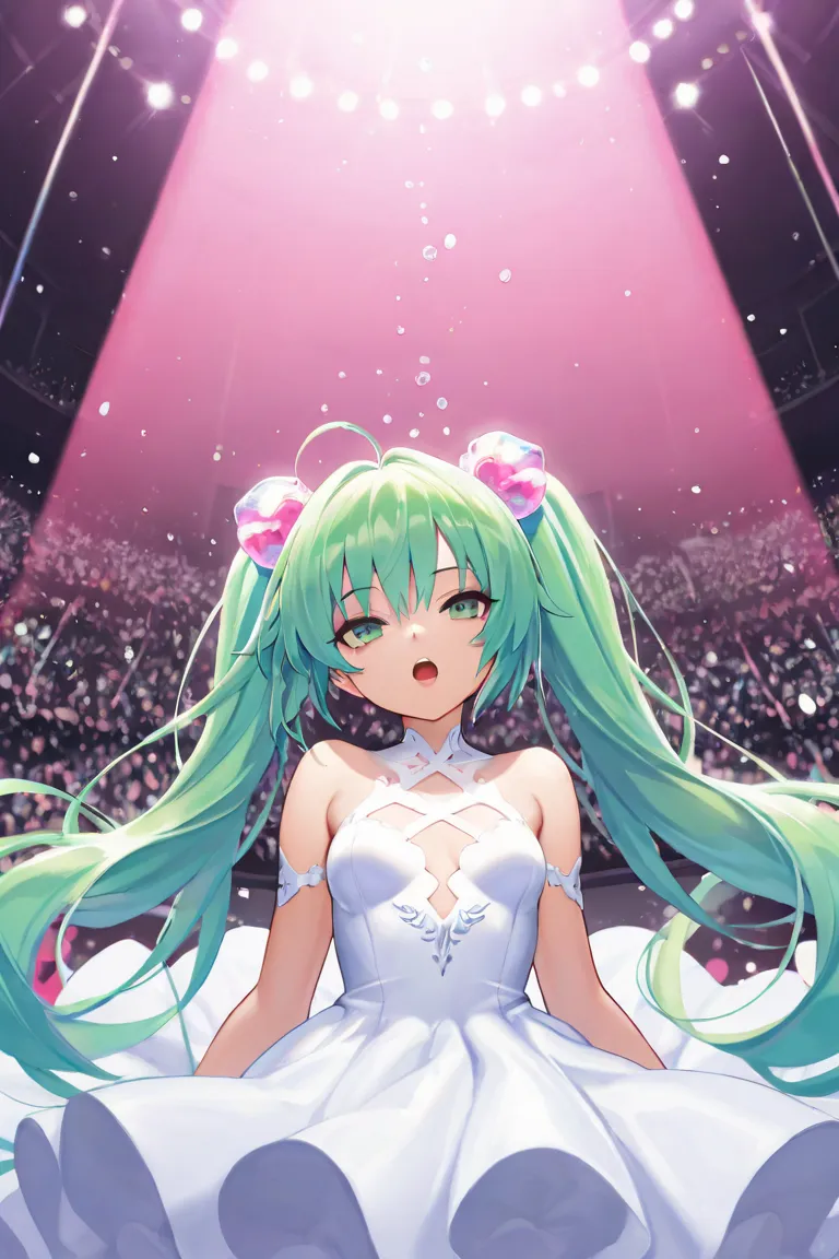 ( masterpiece), ( best quality ), ( very detailed ), (illustration), ( green hair 1 .5) (  GREEN EYES  ) ( Twintail 2 .0), (((( No shoulders  ))), , ( cherry background ),  Looking at the Audience , exquisitely beautiful face ,,( colorful  [shining),  colo...