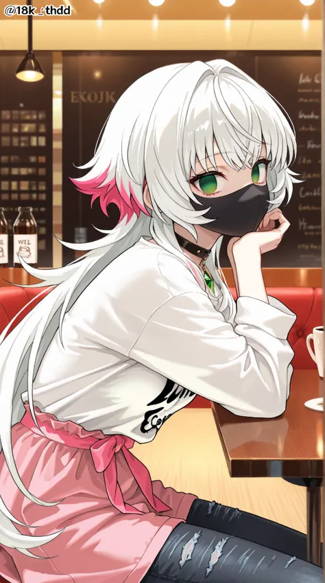 (high quality, ultra-detailed), female, white hair with few red highlights strands, solo, emerald eye color both empty eyes, anatomically correct, medium breast (clothed),  looking at viewer, wolf cut long hair, black facemask, Black tight jeans, baggy ove...