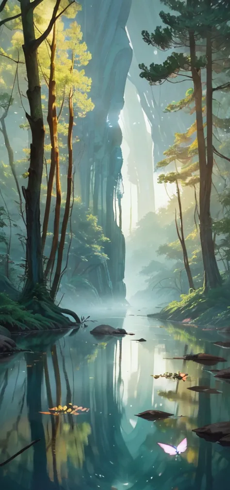 puddle, in the forest, rain forest, detailed scenery, a lot of flowers and trees, wind is blowing,butterfly, dark atmosphere,from a distance,one's back view,dappled sunlight, fennec's ear, A boy, male, Shoulder-length hair, Short hair,black hair, looking a...