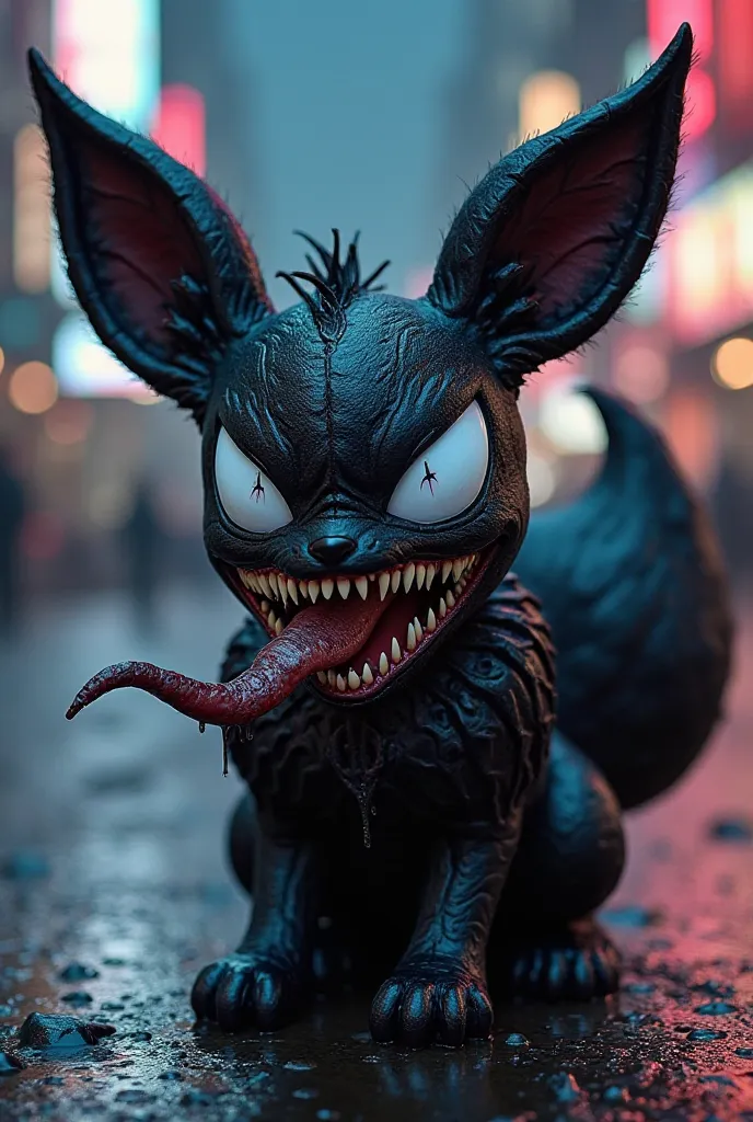 "A dark and eerie fusion of Venom from Marvel and Eevee from Pokémon. This creature has Eevee’s small, fox-like body, but its fur is jet black with a glossy, symbiotic texture. Its eyes are large, white, and menacing, with an elongated, toothy grin stretch...