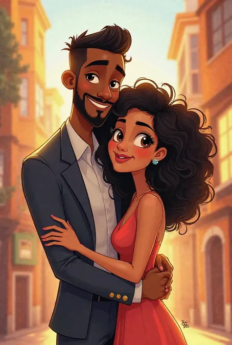 Pixar-like poster of a couple with cufflinks, where the woman has curly black hair underneath the men, the brown man with the beard and the twin arms.