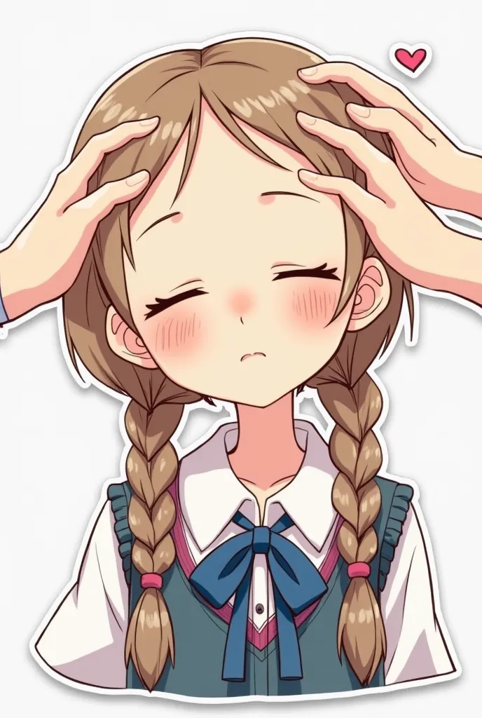 Sticker, white background, 1 girl, braided hair, (light brown: 1.4), closed eyes, school uniform, someone stroking her head, hands reaching forward 