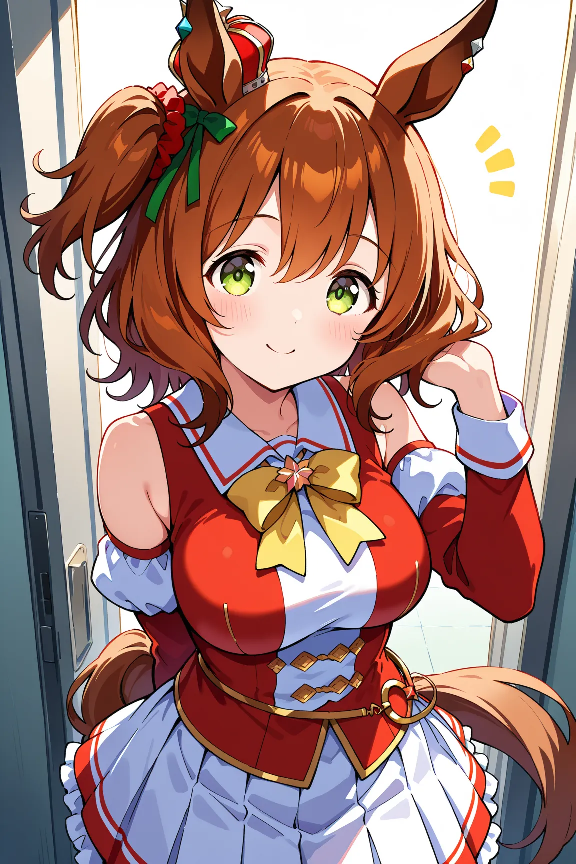 AstonMachan、green eyes, tareme, horse girl, horse ears, horse tail, head on mini crown, side_ponytail, lightbrown hair, medium hair, hair_ornament, medium breasts, red head_scrunchie、壁の後ろからこっちをみてる、