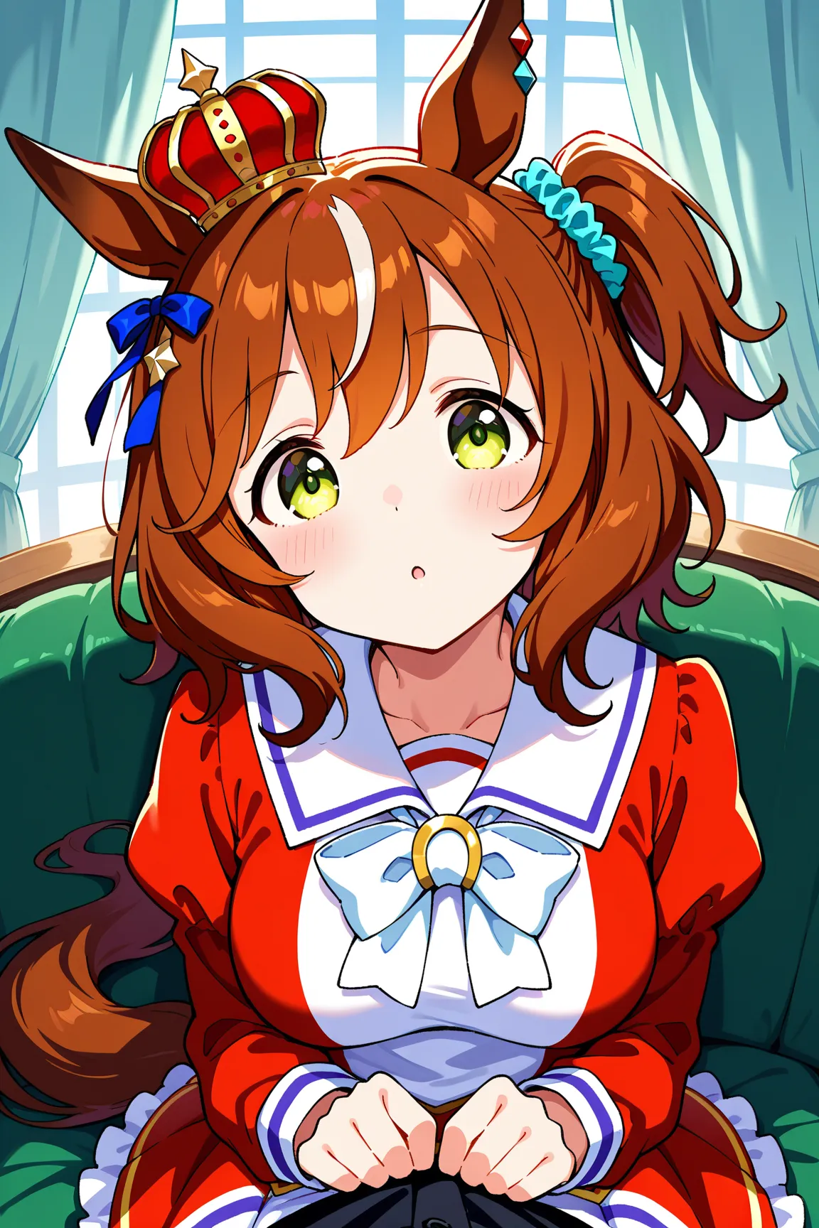 AstonMachan、green eyes, tareme, horse girl, horse ears, horse tail, head on mini crown, side_ponytail, lightbrown hair, medium hair, hair_ornament, medium breasts, red head_scrunchie、壁の後ろからこっちをみてる、