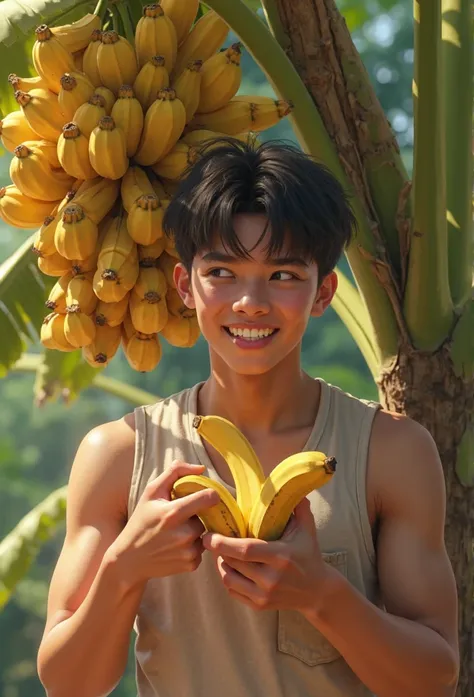  high quality image. 4 k. A young man peeling a banana near a banana tree with beautiful bunches. vivid colors and realistic .