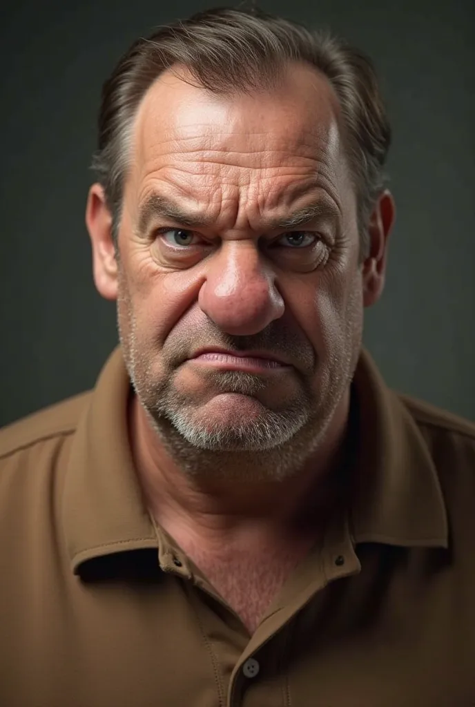 An angry man with a big nose and a brown polo shirt 