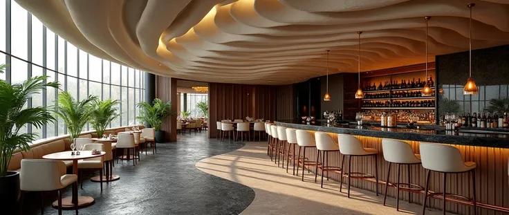 A luxurious, modern restaurant or bar interior.  Hyperrealistic rendering.  Deep, warm brown and beige tones dominate the space, with accents of dark gray/black granite.  A curved, dramatic ceiling design with flowing, light beige/off-white panels creates ...