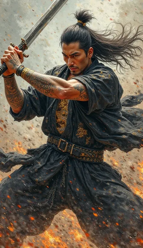 "A towering Korean Yakuza warrior in the midst of a fierce battle, swinging a massive katana with unstoppable force. He wears a sleek, open-collared black silk shirt with golden dragon embroidery, billowing as he moves. His muscular arms, covered in bold Y...