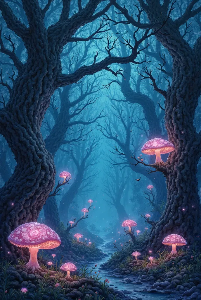 An enchanted, dense forest with ancient trees and twisted branches, illuminated by bioluminescent mushrooms glowing in bright cyan and lilac hues. The atmosphere is dark and enigmatic, with a subtle sense of tension in the air. Mystical creatures, such as ...