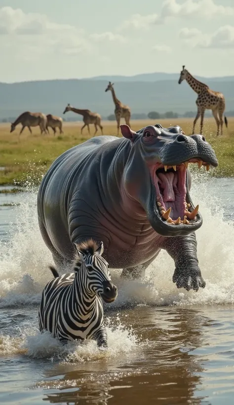 A hyper-realistic image of a massive hippopotamus charging into the fight, jaws wide open, challenging the crocodiles. The zebra, exhausted, barely stands in the shallow water. The crocodiles, momentarily startled, turn their attention to the hippo. Water ...