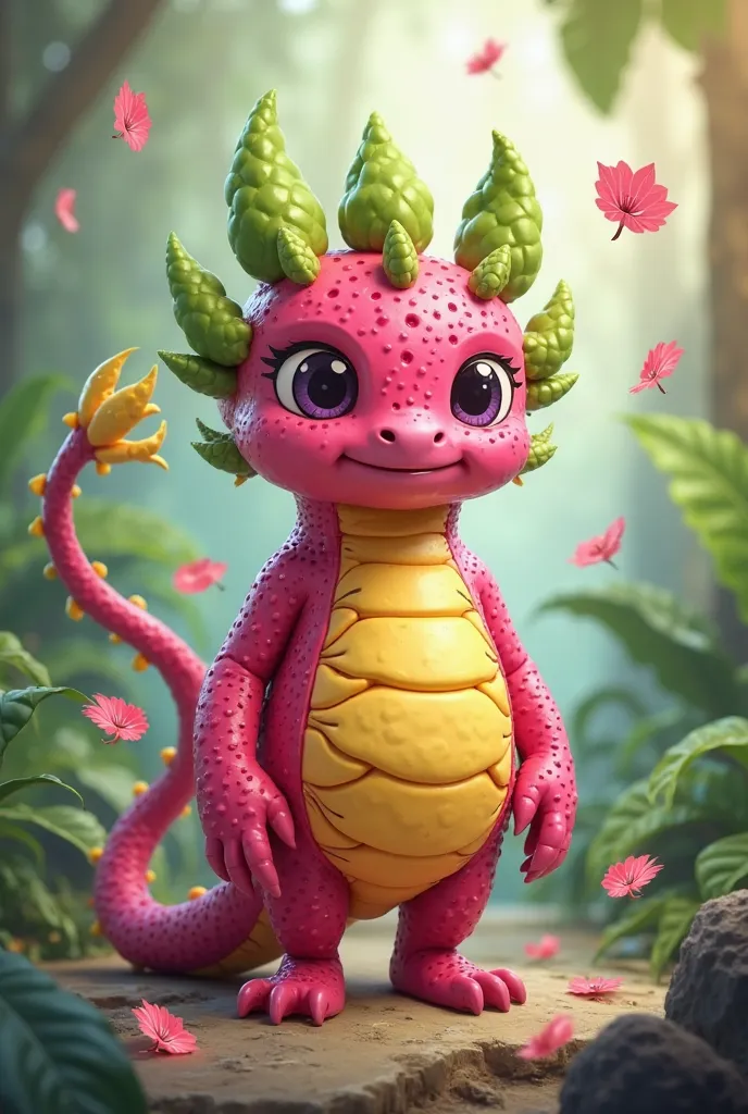 full body human cartoon character inspired by dragon fruit (shape, texture, colors) 