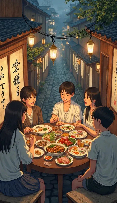 Ghibli style　Scenery of eating at an izakaya
